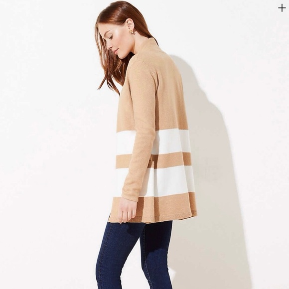 Loft Striped Shawl Collar Pocket Open Cardigan in Toasty Camel sz Small - Picture 2 of 9